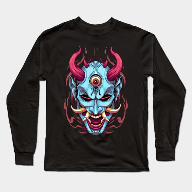 Japanese Blue Yokai Mask Long Sleeve T-Shirt by Mang Kumis